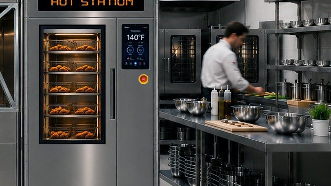 An operator standing back from the fryer while the robot works