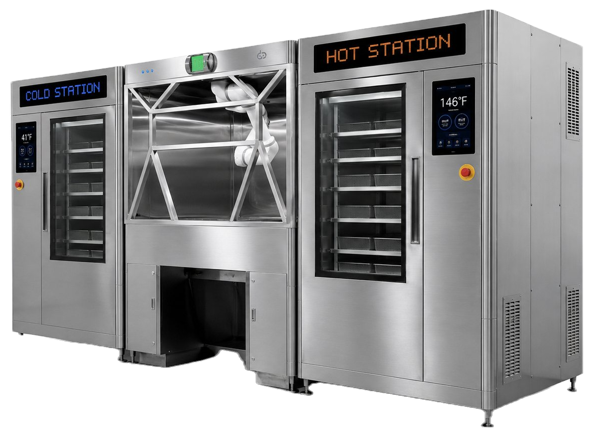 Basaggi Add3 누끼컷 — 좌측 냉장고(Cold Station), 중앙 튀김로봇, 우측 온장고(Hot Station), AI 콘셉트 이미지